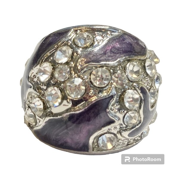 Vintage Purple Enamel Cocktail Ring Silver Plated Crystal Rhinestone Size 6 Boho - Picture 2 of 12